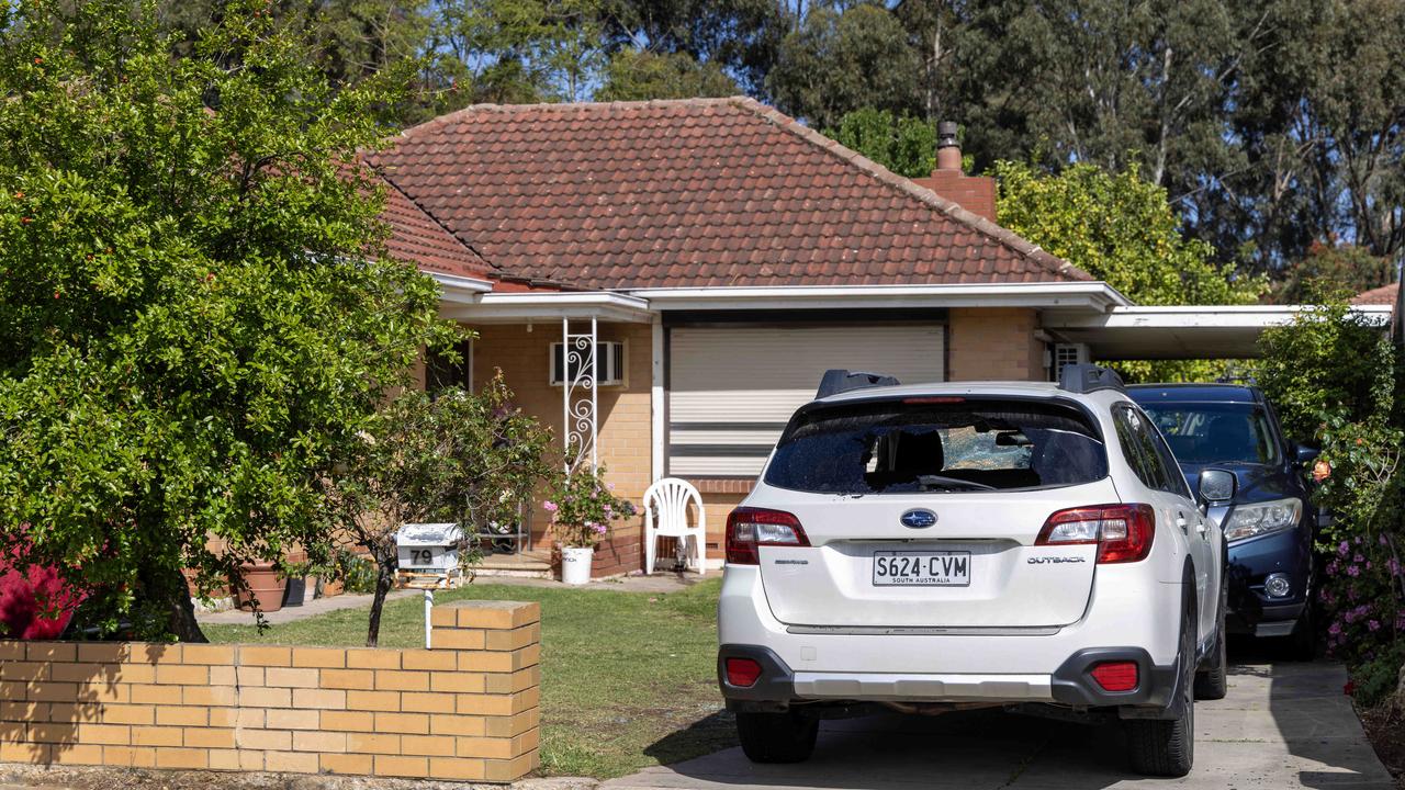 Damaged vehicles after Machete-wielding men break into a home in Nelson St, Kilburn. Picture: Kelly Barnes