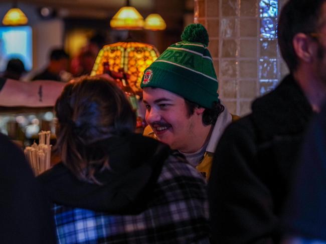 Maaaaaaaate! An Aussie expat donned a VB beanie at the unofficial opening of Old Mates in New York. Picture: Matt Davies