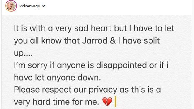 Keira Maguire posts on Instagram announcing her split with Jarrod Woodgate