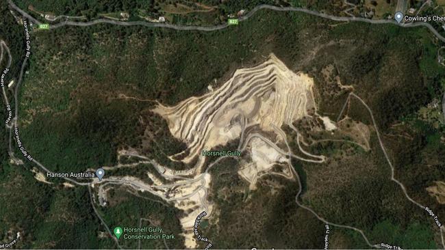 <b>Before expansion:</b> Satellite image of White Rock Quarry at Horsnell Gully, showing the current area of disturbance, 41.6ha. Supplied.