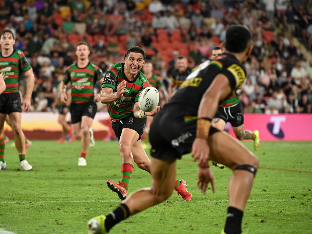 Cody Walker throws an pass that is intercepted by Stephen Crichton in the 2021 grand final. Picture: NRL Photos