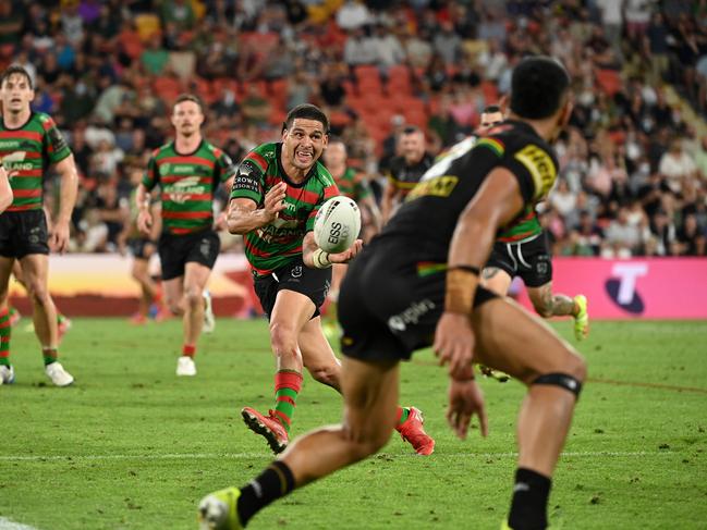 Cody Walker throws an pass that is intercepted by Stephen Crichton in the 2021 grand final. Picture: NRL Photos