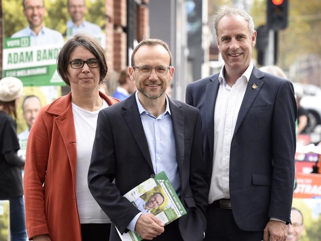 MELBOURNE, AUSTRALIA - NewsWire Photos MAY 12, 2022: Greens leader Adam Bandt, Celeste Liddle, Greens candidate for Cooper and Immigration spokesman Nick McKim at a pre-polling station in Abbotsford in inner Melbourne. Picture: NCA NewsWire / Andrew Henshaw