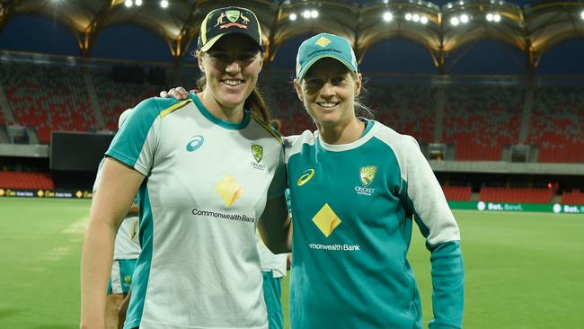 T20 debutant Tahlia McGrath with captain Meg Lanning before the match. Picture: Getty Images