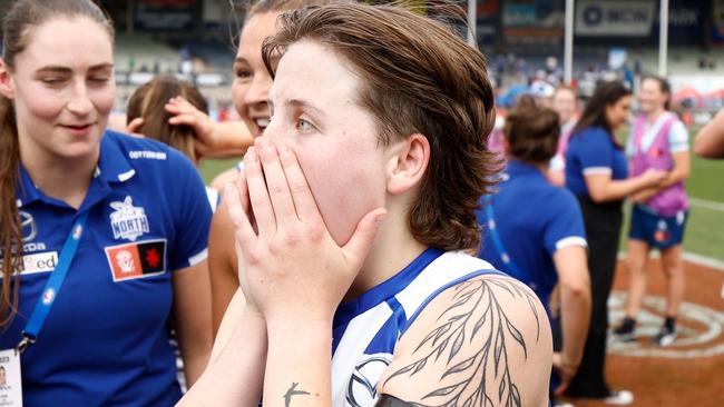 MELBOURNE, AUSTRALIA - NOVEMBER 26: Tess Craven of the Kangaroos celebrates during the 2023 AFLW Second Preliminary Final match between The North Melbourne Tasmanian Kangaroos and The Adelaide Crows at IKON Park on November 26, 2023 in Melbourne, Australia. (Photo by Michael Willson/AFL Photos via Getty Images)