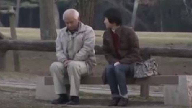Otou Yumi finally talks to his wife at a park in Nara, southern Japan. Picture: Hokkaido TV