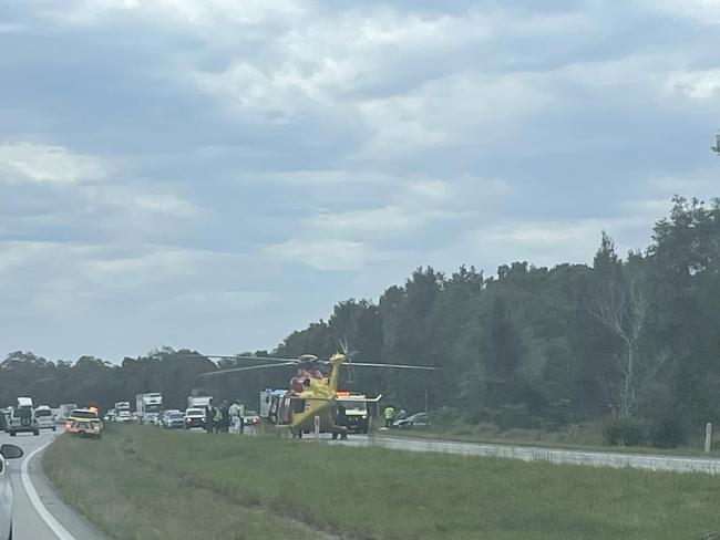 Scenes of a crash on the M1 Pacific Motorway at Brunswick Heads approaching Tandys Lane. Picture: Michelle Woodforde