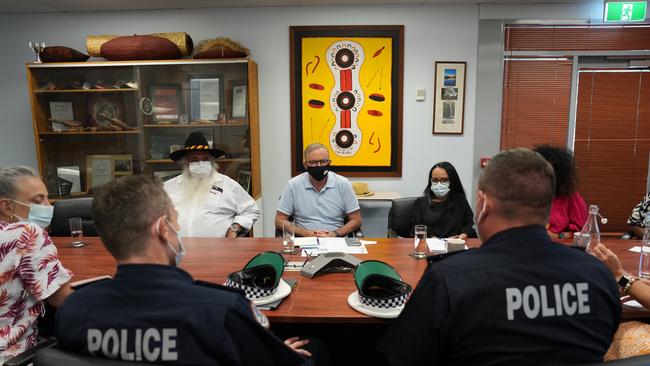 Prime Minister Anthony Albanese, Pat Dodson and Linda Burney eet with community groups, local council, the NT Government and frontline services in Alice Springs to discuss crime. Picture: PMO