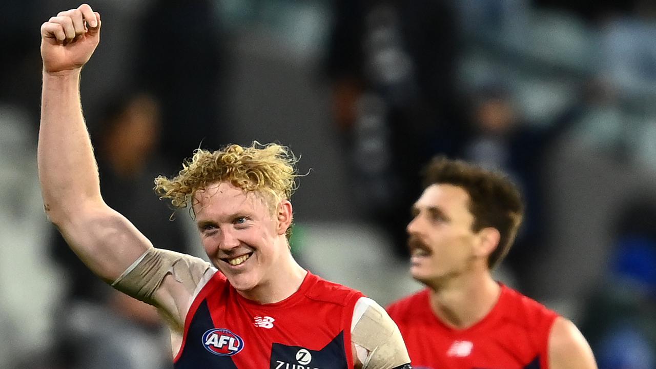 Oliver celebrates his side’s win over Geelong in Round 4. Picture: Quinn Rooney/Getty Images