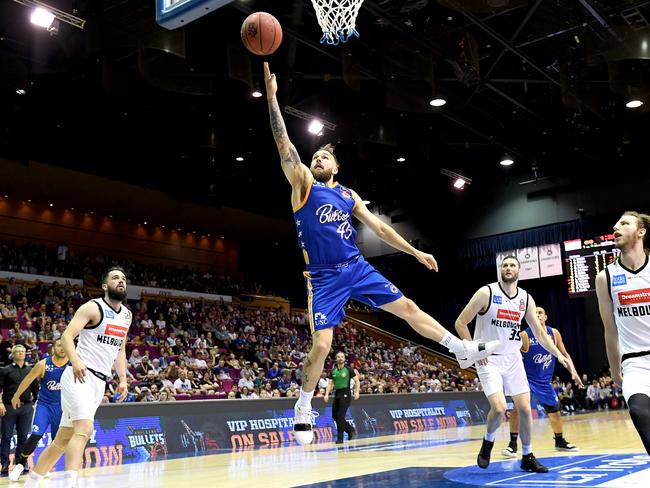 Jeremy Kendle of the Bullets drives to the basket against Melbourne United at Brisbane Convention Centre.