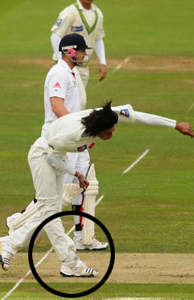 Mohammad Amir overstepping the crease on the third ball of the third over on day two of the fourth England-Pakistan Test match at Lord's in 2010.