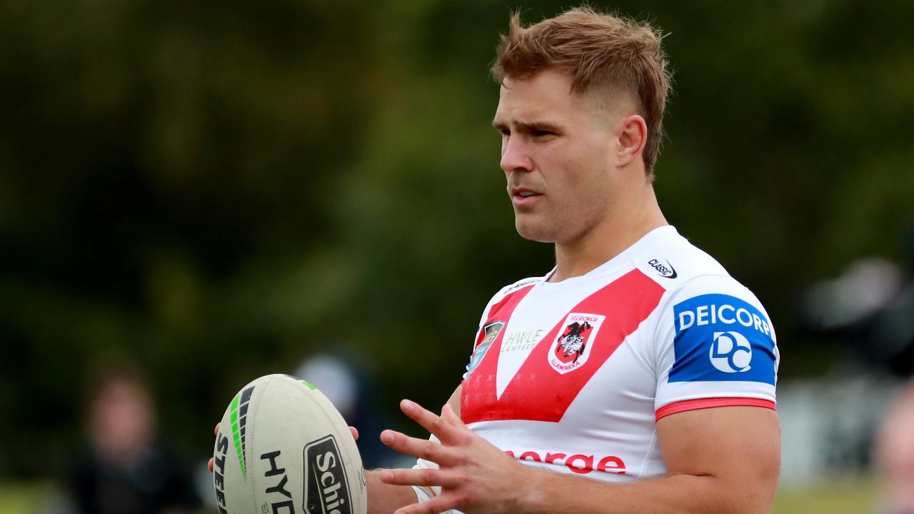 SYDNEY, AUSTRALIA - MAY 29: St George Illawarra Dragons player Jack De Belin looks on during the NSWRL round 12 match against the Western Suburbs Magpies at Lidcombe Oval on May 29, 2021 in Sydney, Australia. De Belin is returning to the Rugby League after being stood down by the NRL under their "no-fault' rule whilst on trial for alleged crimes of which he has now been cleared. (Photo by Jeremy Ng/Getty Images)