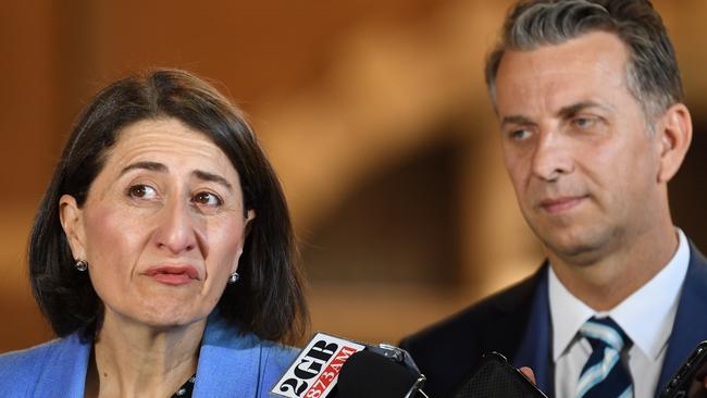 Gladys Berejiklian and Andrew Constance speak to the media during an announcement at Central Station. Picture: AAP Image/Dean Lewins