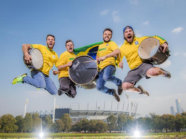 L-R Tullio Massarelli, Alessandro Figueira,Rhaman Marcondes de Mattos andLucas vallim de Souza  have been given special permission to take their instruments into the MCG for sold out Brazil-Argentina match. Picture: Jason Edwards