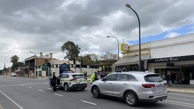 Police block off an intersection where a pedestrian was his by a truck at Gawler. Picture: Brinley Duggan