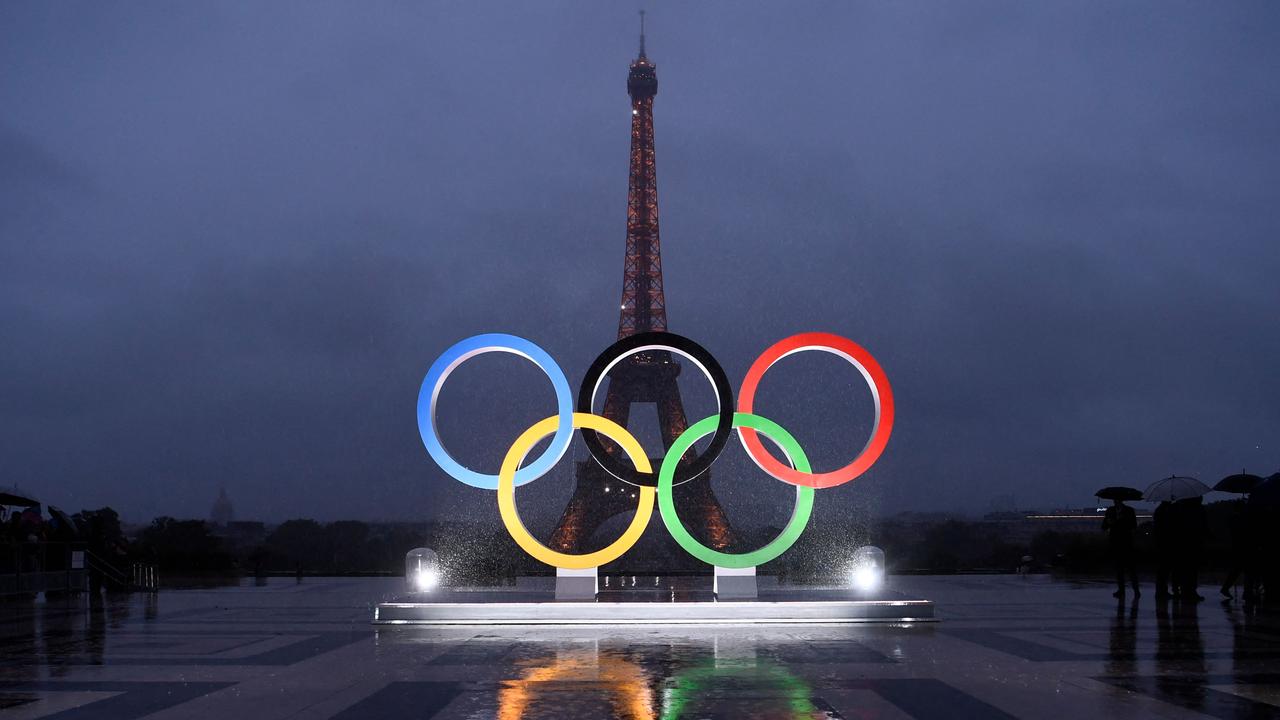 Olympics Rings on the Trocadero Esplanade near the Eiffel Tower. Photo by CHRISTOPHE SIMON / AFP.