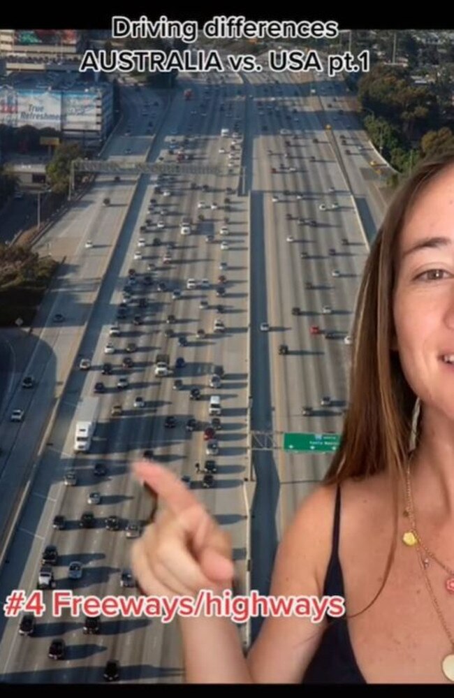 She also pointed out just how many more lanes a freeway in California had compared to the Bruce Highway in Queensland. Picture: TikTok/jaylee.promise