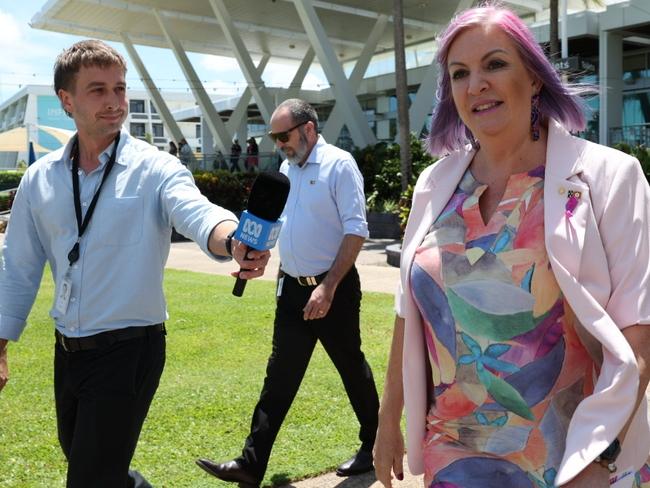 Minister Robyn Cahill is bounced by media at Mindil Beach Casino for the No Woman Left Behind Lunch on March 7, 2025 as Chief Minister Lia Finocchiaro cancels attendance. It comes after Police Commissioner Michael Murphy’s revelation is the bureaucrat behind the operation Apollo ICAC report. Picture: Pema Tamang Pakhrin