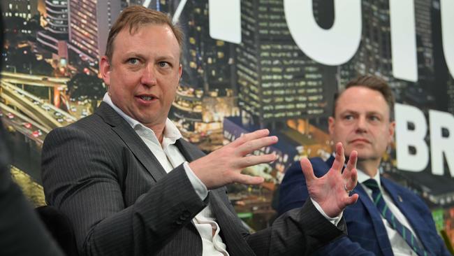 Deputy Premier Steven Miles with Lord Mayor Adrian Schrinner during Friday’s Future Brisbane Summit. Picture: Lyndon Mechielsen/Courier Mail