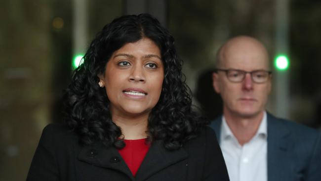 Greens MP Samantha Ratnam holds a doorstop on arriving at the Victorian State Parliament. Picture: David Crosling