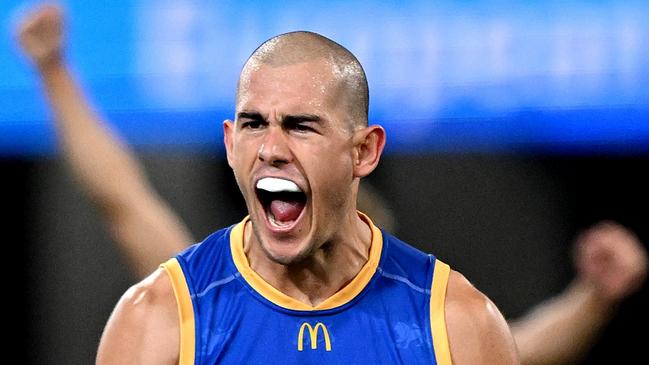 BRISBANE, AUSTRALIA - JUNE 14: Brandon Starcevich of the Lions celebrates kicking a goal during the round 14 AFL match between Brisbane Lions and St Kilda Saints at The Gabba, on June 14, 2024, in Brisbane, Australia. (Photo by Bradley Kanaris/Getty Images)