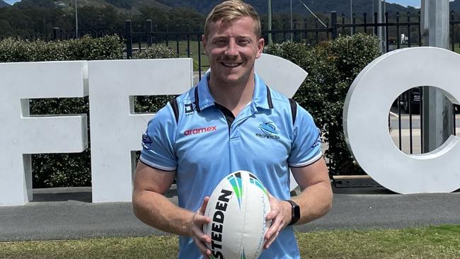 NRL Sharks player Lachlan Miller in Coffs Harbour at the NSW government announcement that the Sharks will play another home game at the Ce.x Stadium in front of 10,000 fans in 2023. Picture: Matt Gazy