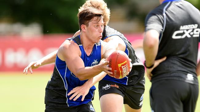 Nathan Hrovat in action at North Melbourne training. Picture: David Smith