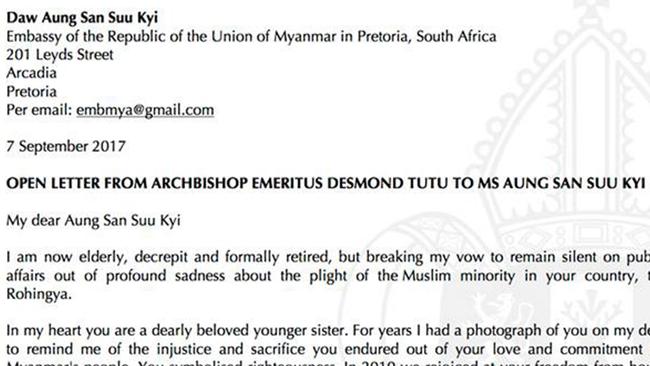 Desmond Tutu called on Aung San Suu Kyi to do more to help those persecuted in her own country. Picture: Facebook