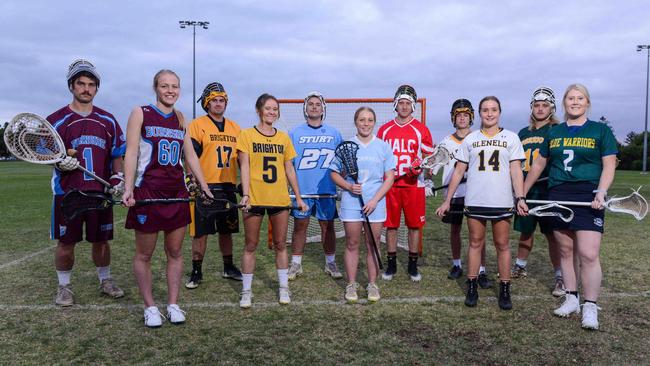 Players are gearing up for the Lacrosse SA men’s and women’s State Leagues, with two matches to be live streamed this Saturday. Pictured are Jack Jercic and Millie Wilkin (Burnside), Jack Woodford and Cassidy Doster (Brighton), Aaron Hill (Sturt), Lucinda Silvestri (Wilderness), Nathan Twisk (North Adelaide), Oliver Walsh and Jess Morrison (Glenelg), Jayden Pena (Woodville) and Charlotte Whinnen (Blue Warriors). Picture: Brenton Edwards