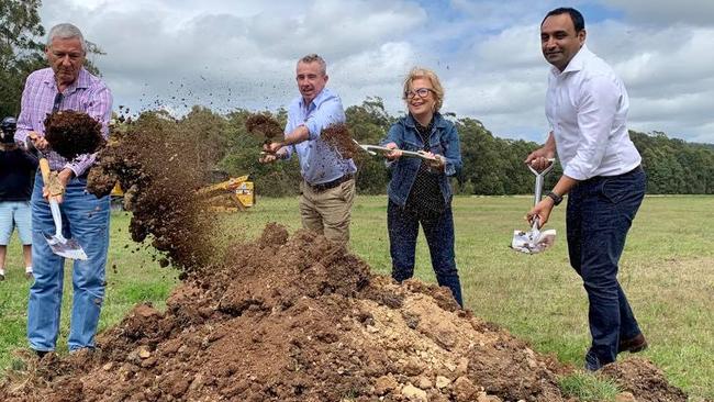 Alastair Milroy, Federal Member for Page Kevin Hogan, Coffs Harbour Mayor Denise Knight and State Member Gurmesh Singh turn the first sod on the $23.1m Woolgoolga Sports Complex.