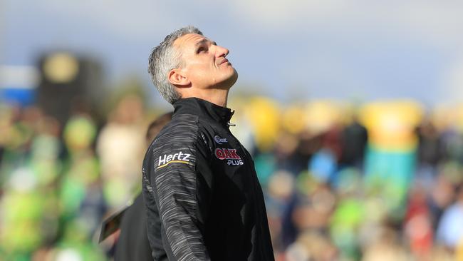 WAGGA WAGGA, AUSTRALIA — MAY 04: Ivan Cleary, Coach of the Panthers, looks on during his teams warm up before the round eight NRL match between the Canberra Raiders and the Penrith Panthers at McDonalds Park on May 04, 2019 in Wagga Wagga, Australia. (Photo by Mark Evans/Getty Images)