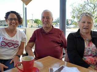 HOW TO SAVE A LIFE: Acting organ donation specialist nurse, Karen Jenner with grateful heart transplant recipients and Bundy locals, Jeffrey Kirkman and Bev Cooke. Picture: Rhylea Millar