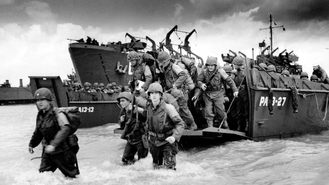 Normandy, France, June 6, 1944. D-Day, the Allied soldiers disembark from transport ships, World War II