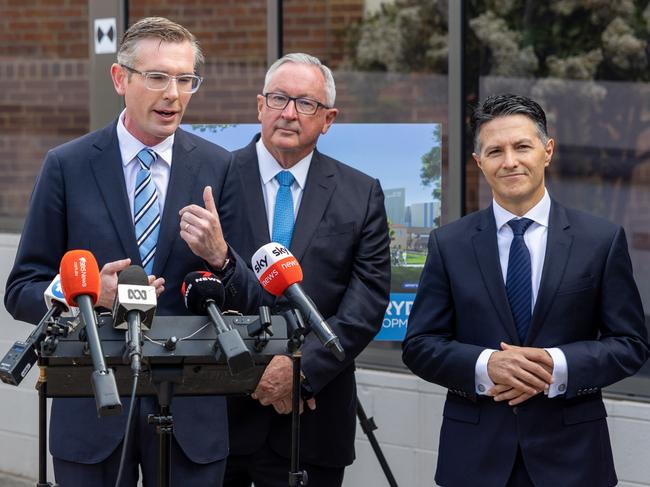 NSW Premier Dominic Perrottet, Minister for Health Brad Hazzard and Member for Ryde Victor Dominello at Ryde Hospital on Friday. Picture: NCA NewsWire / Seb Haggett