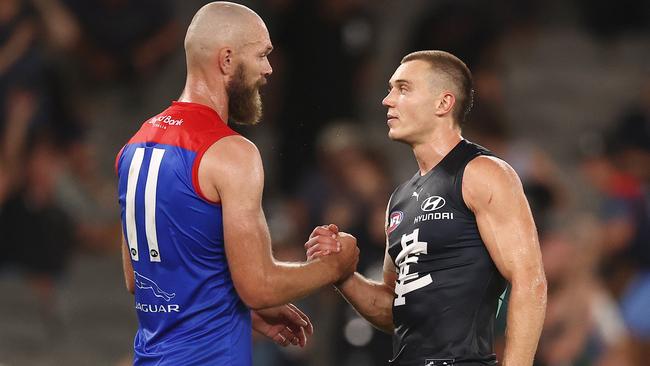 Patrick Cripps and Max Gawn shake hands after the match. Picture: Michael Klein