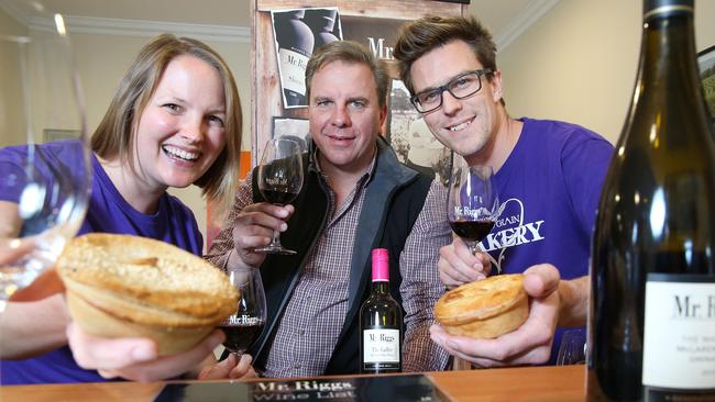 Cara and Toff West of Home Grain Bakery with fellow pie lover and neighbour Ben Riggs of Mr Riggs. Picture: Stephen Laffer