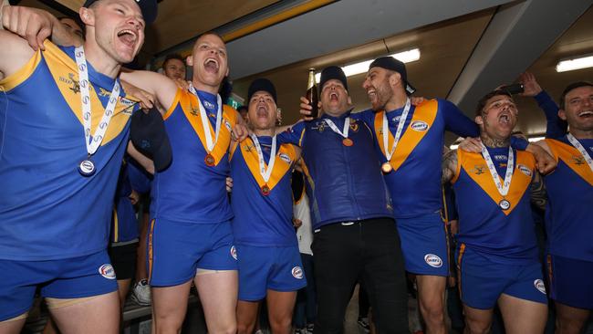 Deer Park and ex-coach Marc Bullen celebrate another WRFL Division 1 grand final triumph. Picture: Local Legends Photography