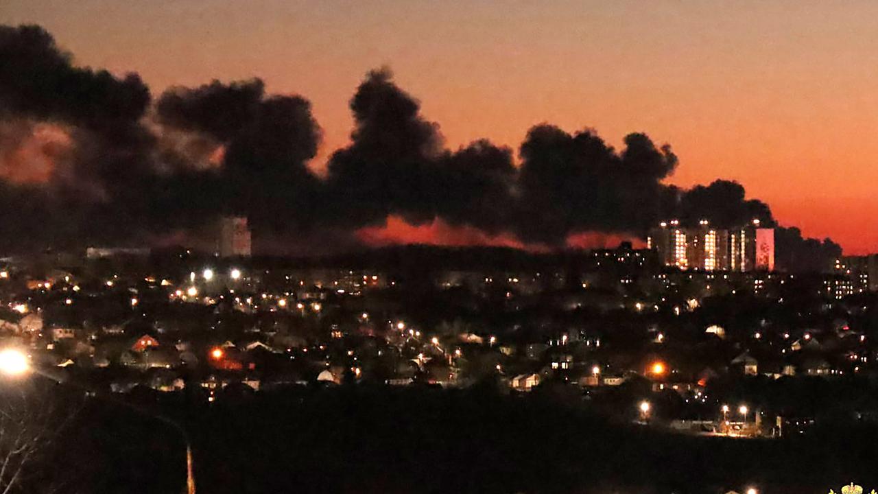 According to Kursk Region governor Roman Starovoit, an oil tank caught fire near the airfield after a drone attack. Picture: Kursk Region Administration/TASS/Sipa USA