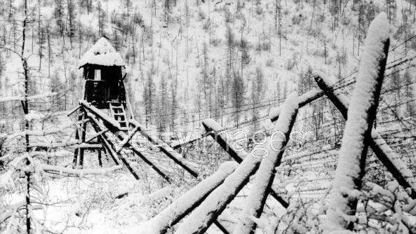 View of the snow-covered barbed wire fence and guard tower at a disused Soviet convict camp in Siberia. Picture: Igor Mikhalev/FPG/Getty Images