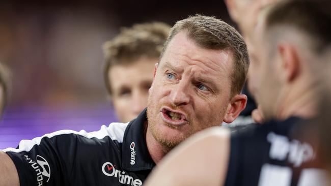 Michael Voss tries to get his message across. Picture: Russell Freeman/AFL Photos via Getty Images