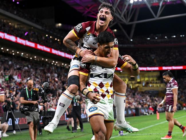 The Broncos have survived a Manly comeback to win in Magic Round. Picture: Getty Images