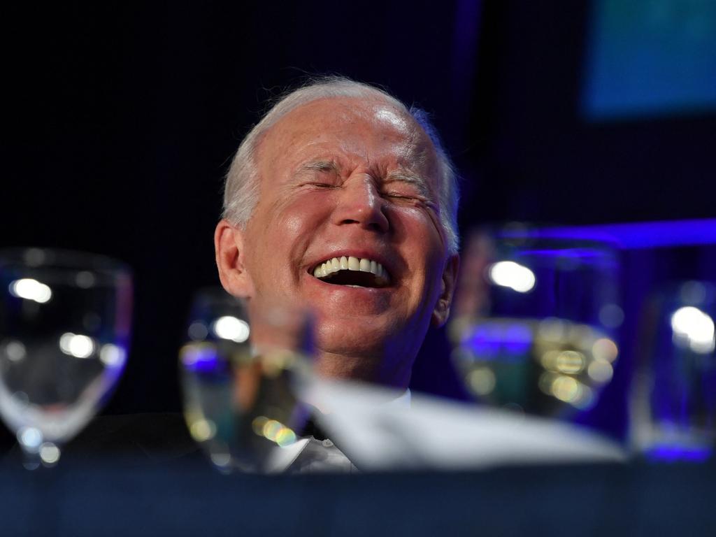 Joe Biden laughs during the White House Correspondent’s Association gala at the Washington Hilton Hotel in Washington, DC, last month. Picture: AFP