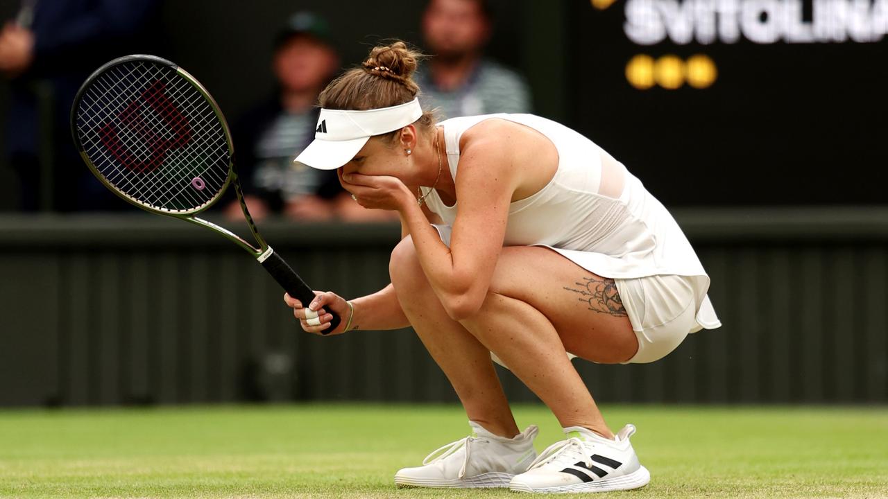 LONDON, ENGLAND – JULY 11: Elina Svitolina of Ukraine celebrates winning match point against Iga Swiatek of Poland in the WomenÃ¢â&#130;¬â&#132;¢s Singles Quarter Final match during day nine of The Championships Wimbledon 2023 at All England Lawn Tennis and Croquet Club on July 11, 2023 in London, England. (Photo by Julian Finney/Getty Images) *** BESTPIX ***