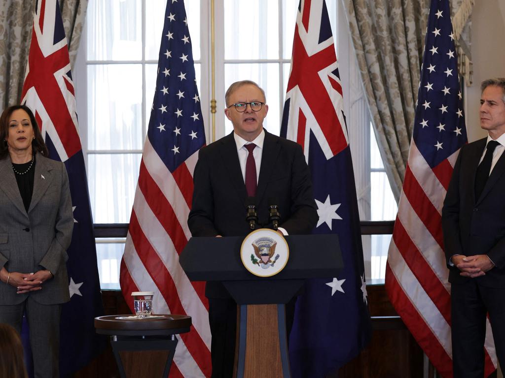 PM Anthony Albanese was a political “Wizard of Oz” on his recent visit to the US that included meeting US President Joe Biden, Vice President Kamala Harris, left, and US Secretary of State Antony Blinken, right. But turning him into the Tin Man using AI wasn’t easy – see the gallery below. Picture: Alex Wong/Getty Images North America/AFP