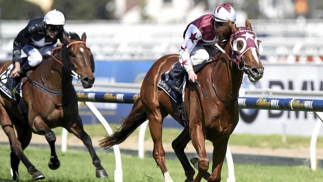 Stratum Star wins the David Jones Cup during the BMW Caulfield Cup Day in Melbourne. Picture: MAL FAIRCLOUGH