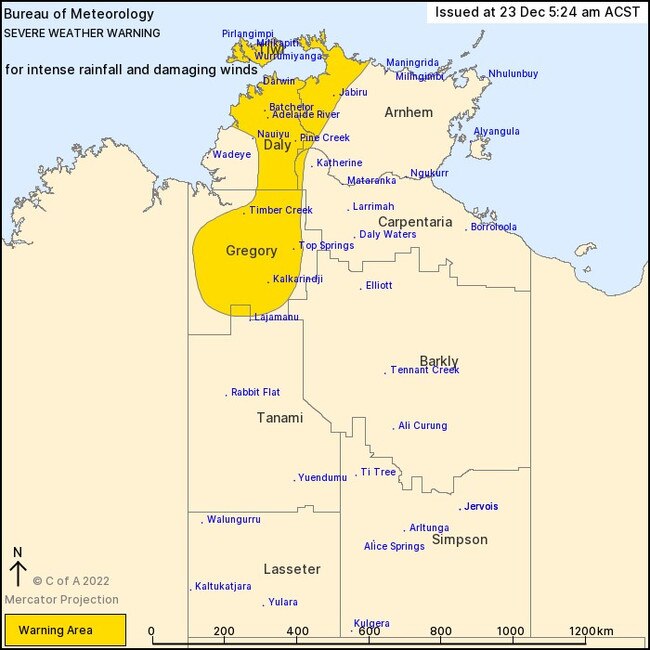 Severe weather warning for people in the Daly, Tiwi, Gregory and parts of Arnhem, Carpentaria and Tanami districts.