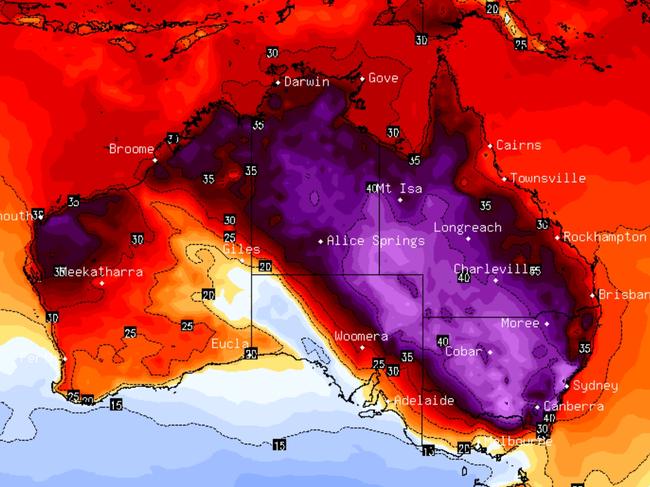 Pictured is a heat map of Australia at 4PM, January 4th. Penrith is currently the hottest place on earth and is sweltering through the hottest ever day recorded in Greater Sydney.The Bureau of Meteorology recorded a reading of 48.5C just after 2.25pm, smashing the previous record of 47.3 set in January 2018. The sweltering heat, which is forecast to last several hours, comes as the Western Sydney community at the foot of the Blue Mountains is on high alert over potential fire risk in today’s state of emergency. Picture: BSCH