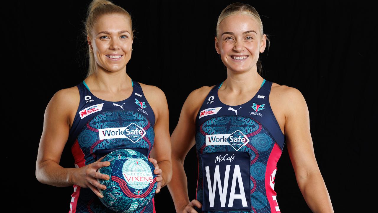 Co-captains Kate Moloney and Liz Watson in the Melbourne Vixens' First Nations dress designed by Moiradu and Kerrupmara woman Rebecca Atkinson. Photo: Grant Treeby /Netball Victoria