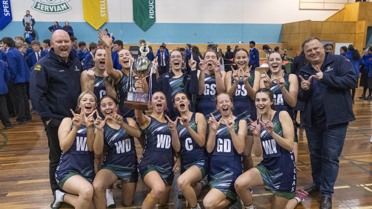 St Ursula's Senior A team lift the Merici-Chevalier Cup after defeating Downlands First VII in netball at Salo Centre, Friday, July 19, 2024. Picture: Kevin Farmer