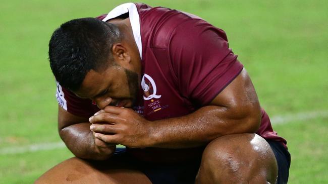 Taniela Tupou of the Reds dejected after losing the Super Rugby game between the Queensland Reds and the NSW Waratahs. Pic Darren England.